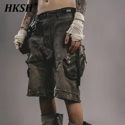 HKSH Men's Tide Punk Waste Land Functional Style 3D Pocket Distressed Hole Cat Whisker Edge Casual Knee Shorts New Capris HK1338