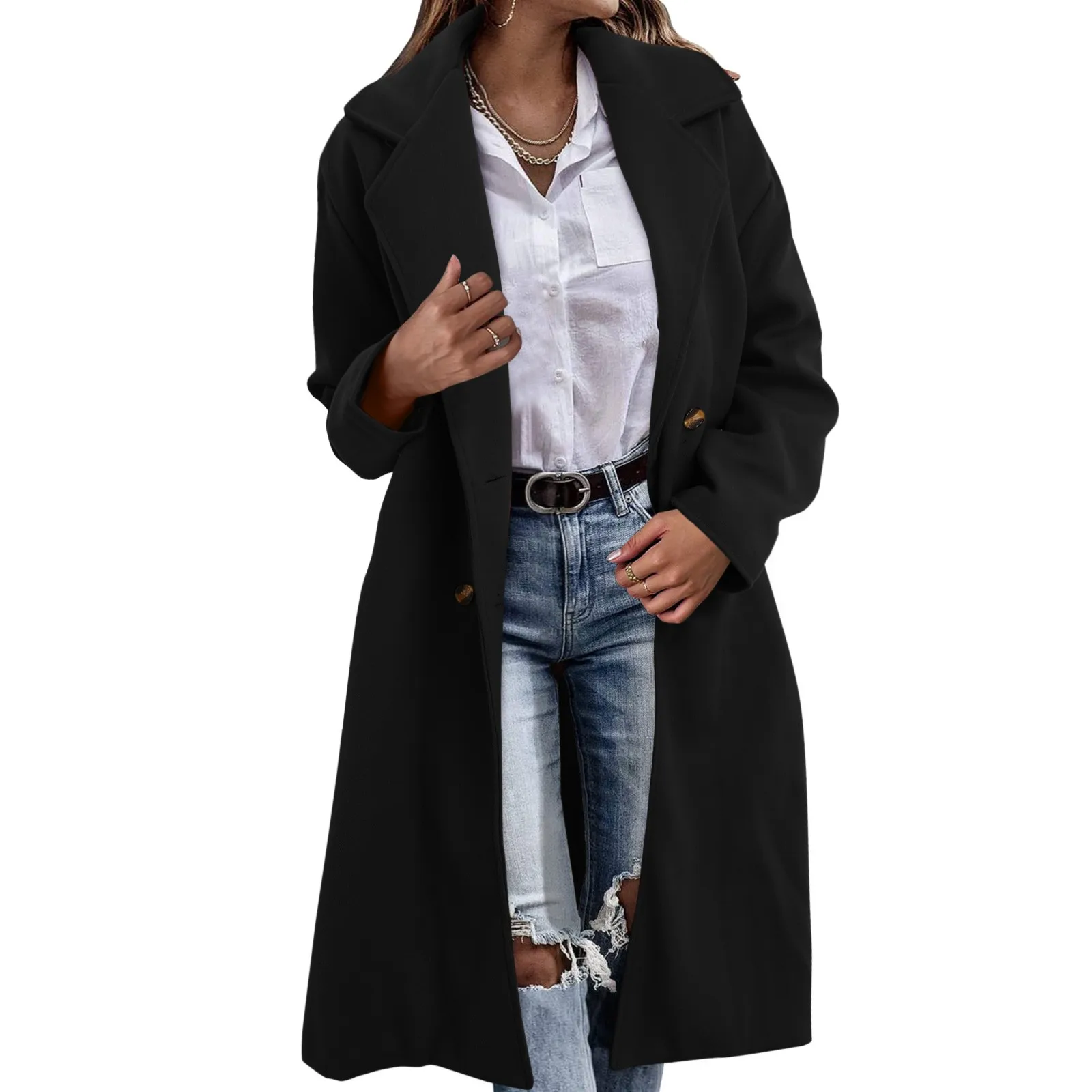 

Women Long Wool Jacket Ladies Peacoat Trench Coat Elegant Lapel Winter Warm Woolen Coat Fashion Lightweight Overcoat Outerwear