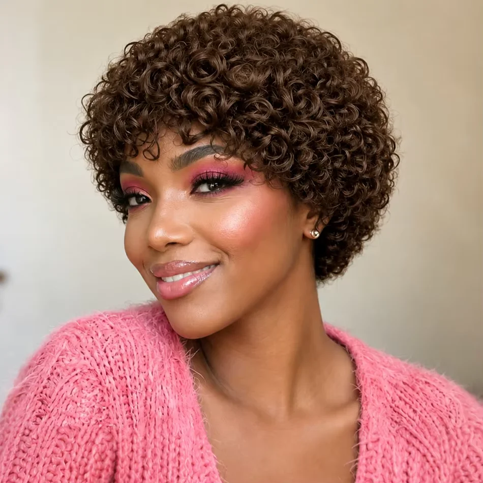 Women's Short Afro Curly Human Hair Wig with Bangs - Pixie Cut Hairpiece, Full Machine Made Suitable for Daily, Special Events