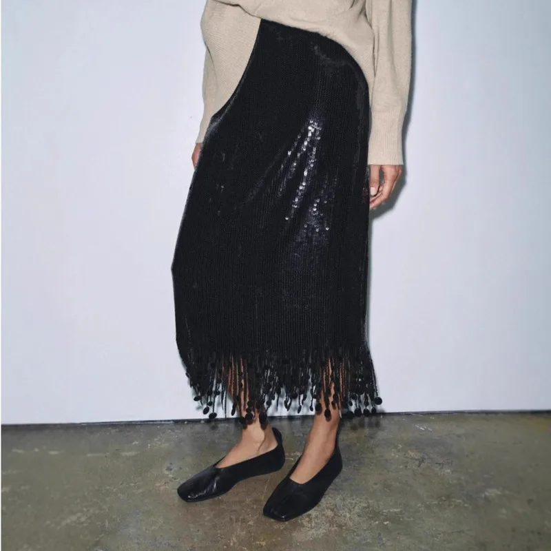 تنورة نسائية عصرية بشرابة ترتر للخريف والشتاء أنيقة من Demeanor بشرابة سوداء بقصة ضيقة عالية الخصر تنانير طويلة للتنقل اليومي