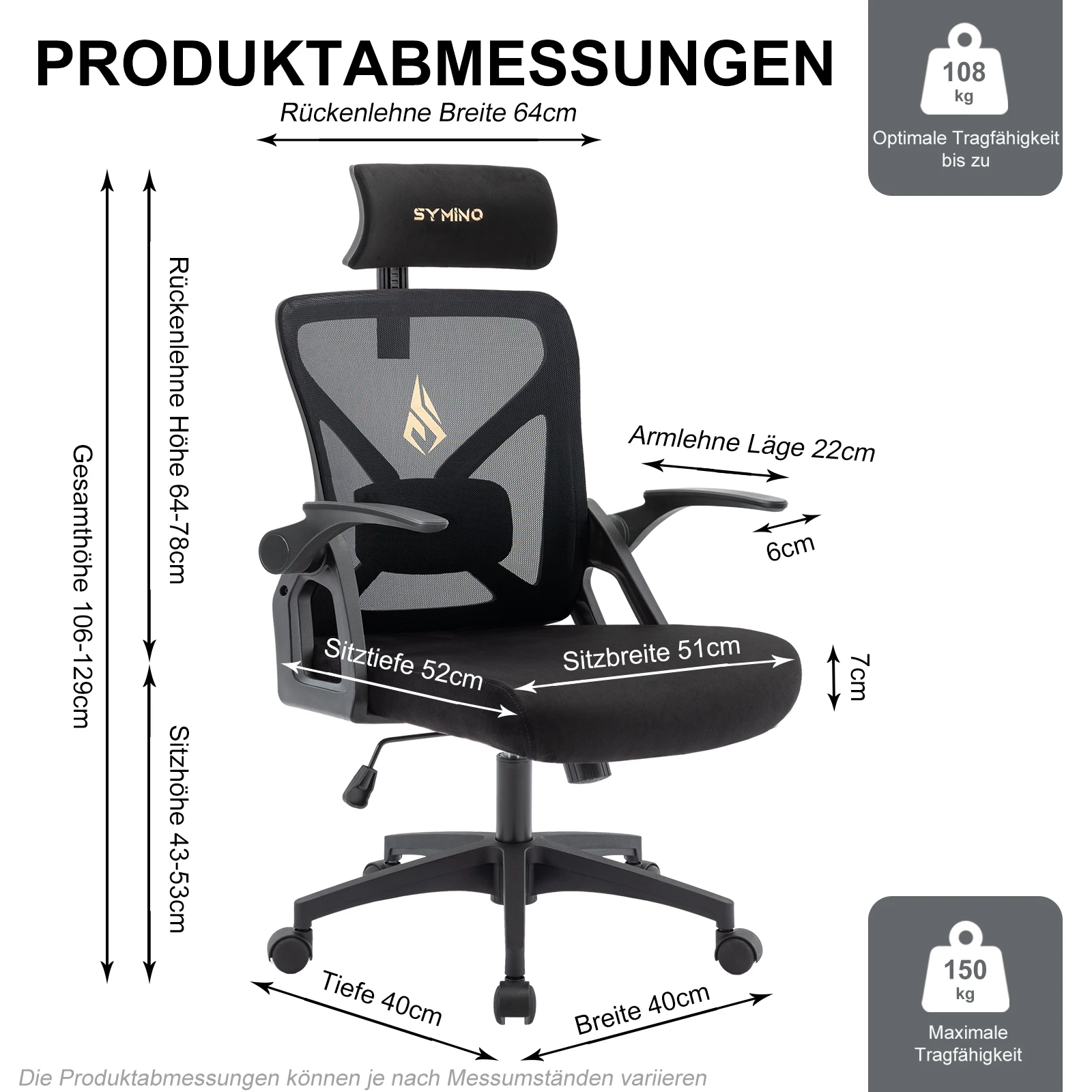 Symino-Chaise de Bureau Ergonomique avec Accoudoirs et Support Lombaire, Fonction à Bascule Rotative, Repose-Sauna Réglable