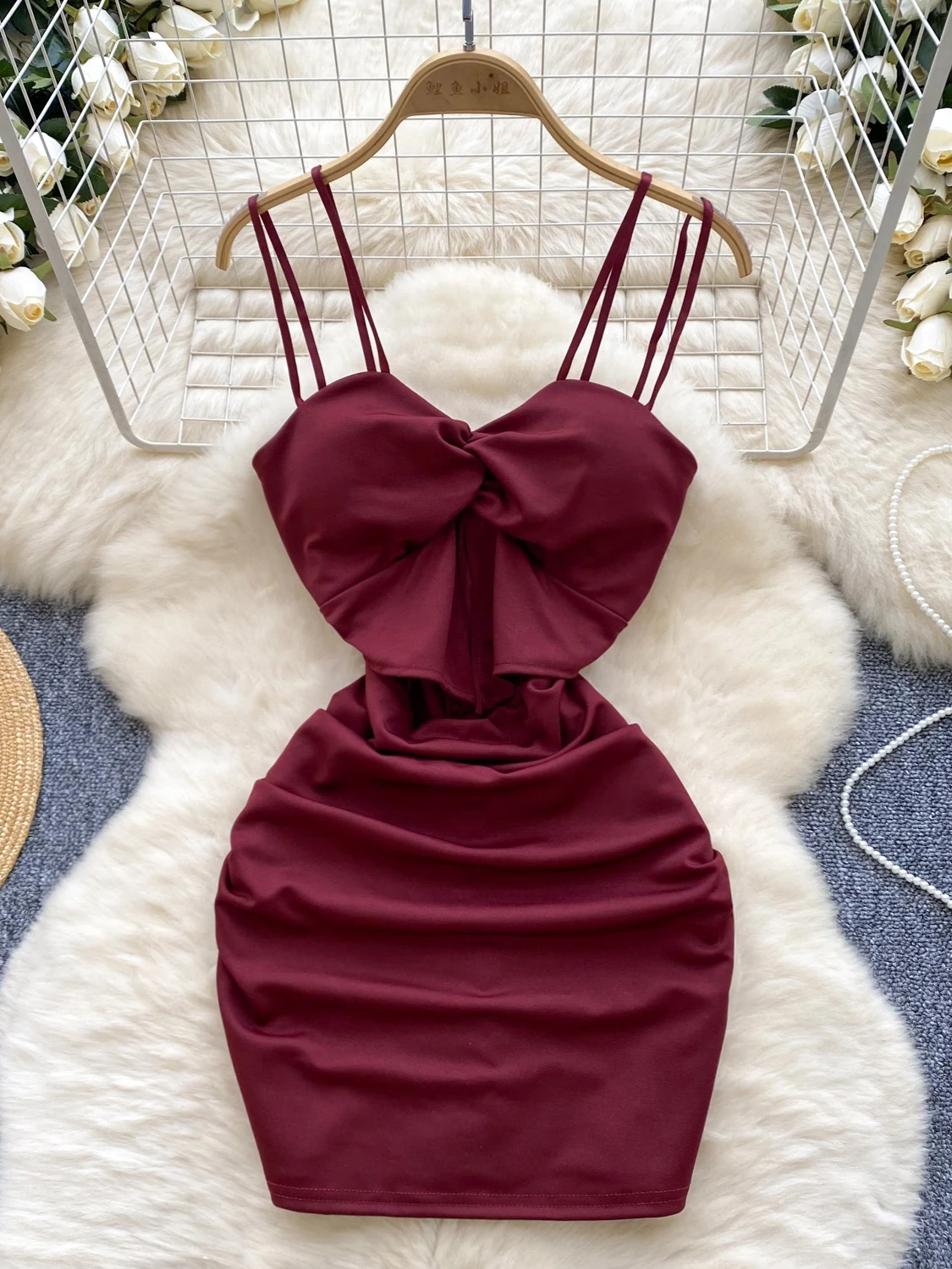 Foamlina American Sling Suspender Dress for Women\'s Summer Navel Exposed Slim Show Thin Wine Red Sexy Short Spaghetti Dresses