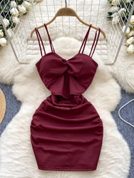 Foamlina American Sling Suspender Dress for Women's Summer Navel Exposed Slim Show Thin Wine Red Sexy Short Spaghetti Dresses