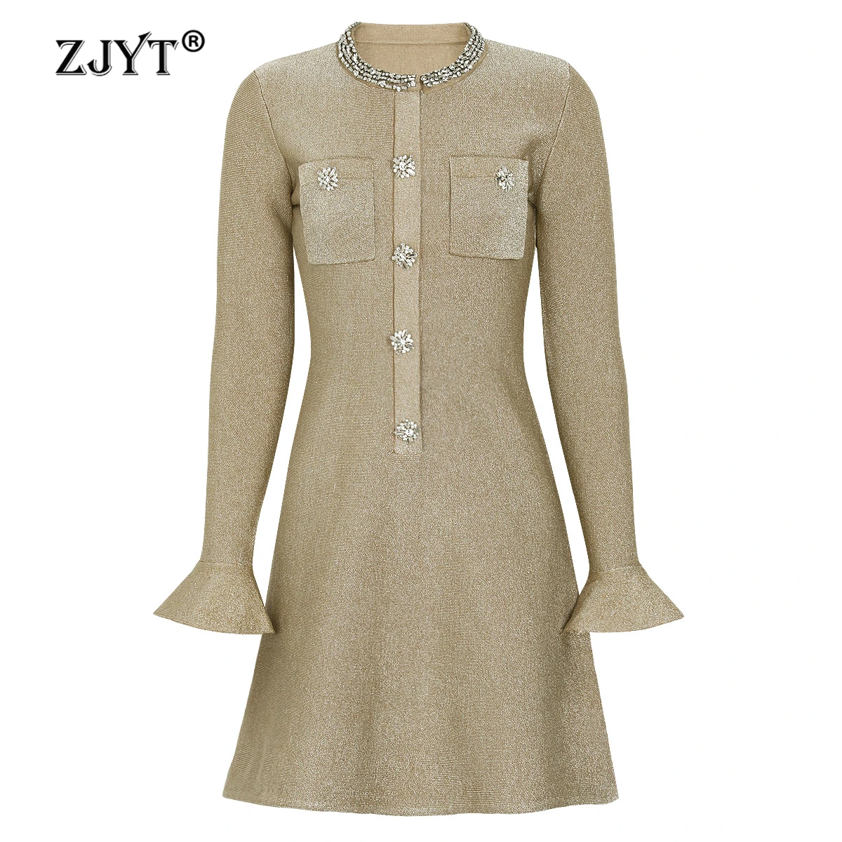 

ZJYT Spring New Women's Knit Dress Elegant Luxury Knitwear with Rinestone Flare Sleeve Black Khaki Party Short Dresses Female