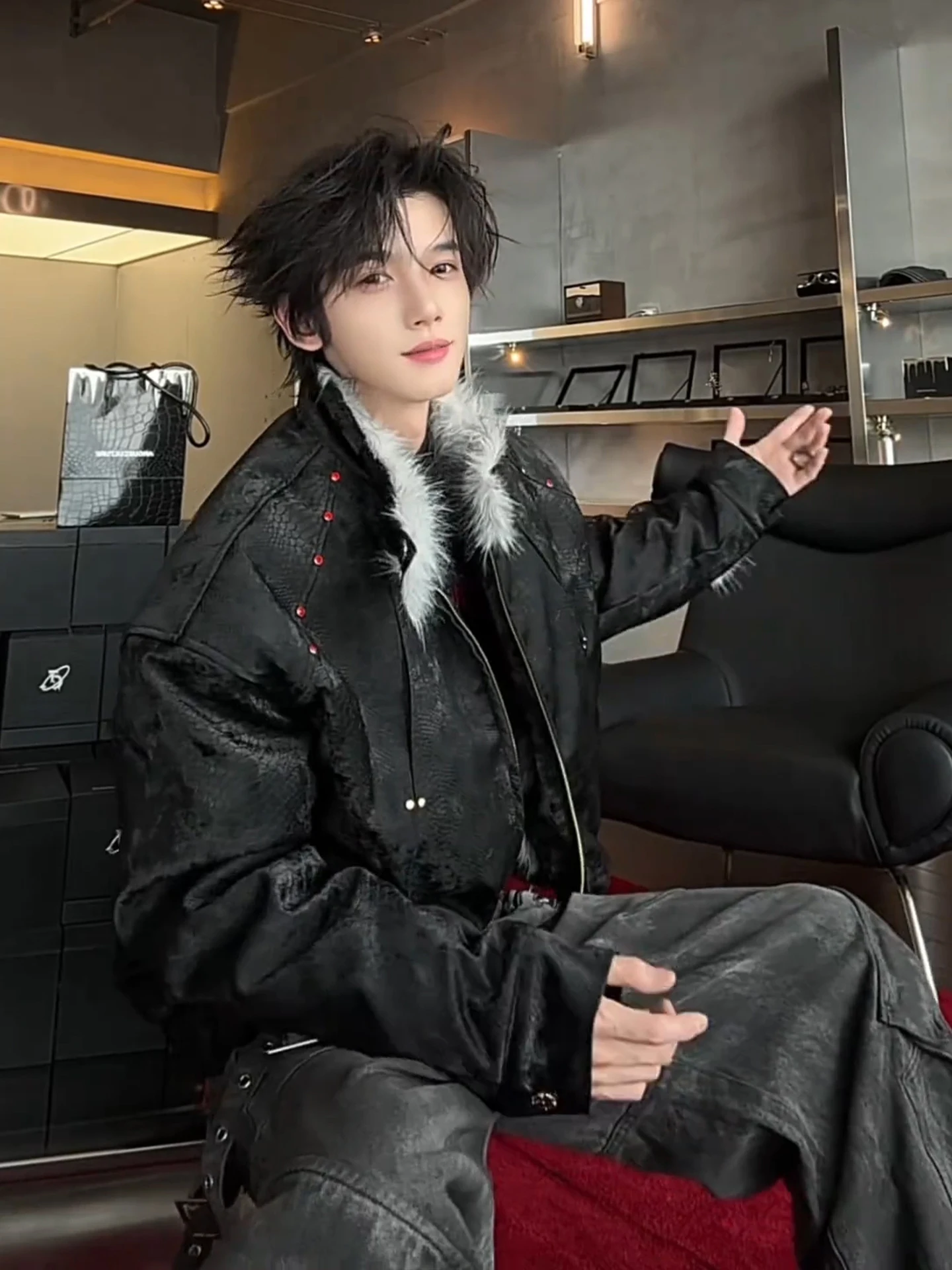 

Men's Thiened Fce Lined Cotton Jaet Wolf Fur Mountain Eagle Design Autumn Winter Warm Coat PU Leather ort Sle