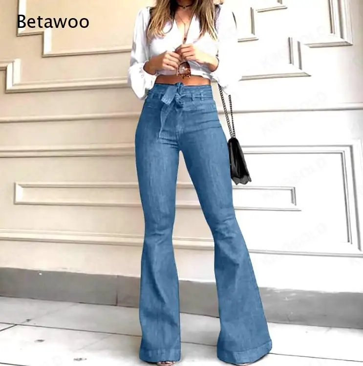 Women's High Waist Flare Jeans Dark Blue Denim Bell Bottom Pants Vintage Stretchy Long Trousers Casual Streetwear Fashion