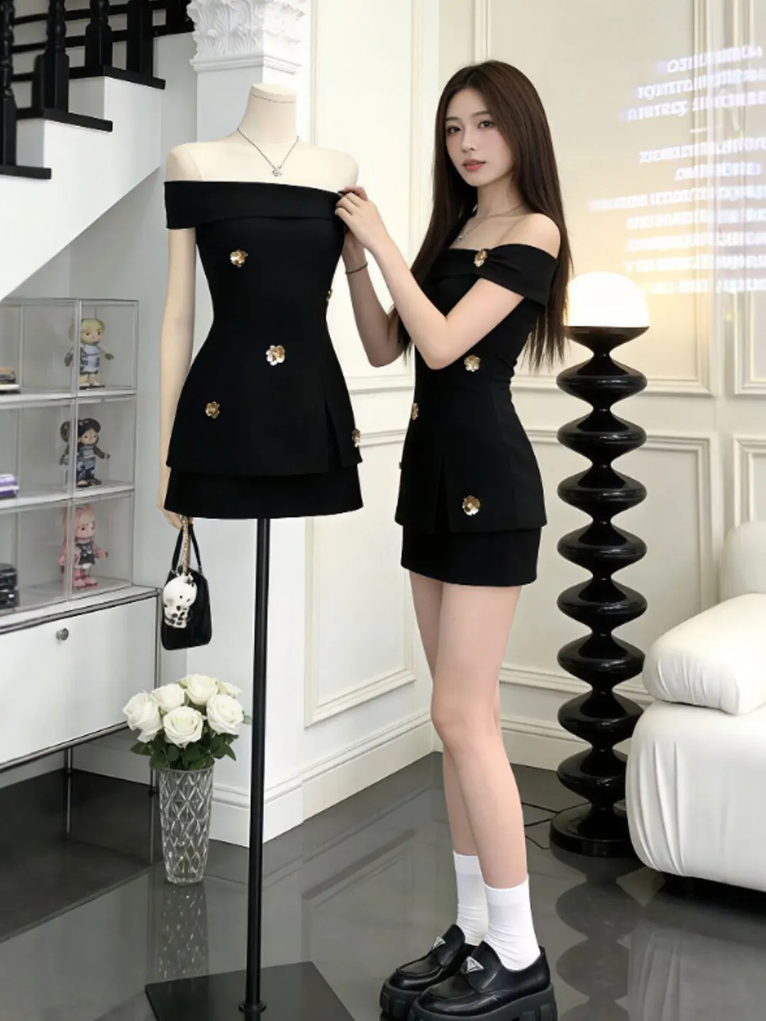 

Korean Hepburn Style One Shoulder Top Half Skirt Two Piece Set Elegant Summer Fashion Women's Clothing Short Sleeve Comfortable
