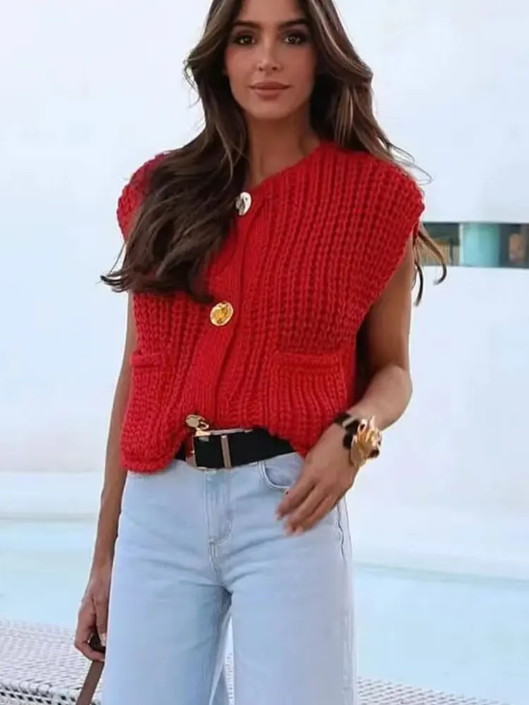 

HH Women's Fashion Red Cropped Knitted Vest Elegant Gold Buttons O Neck Sweater Cardigan Spring Y2k Female Streetwear