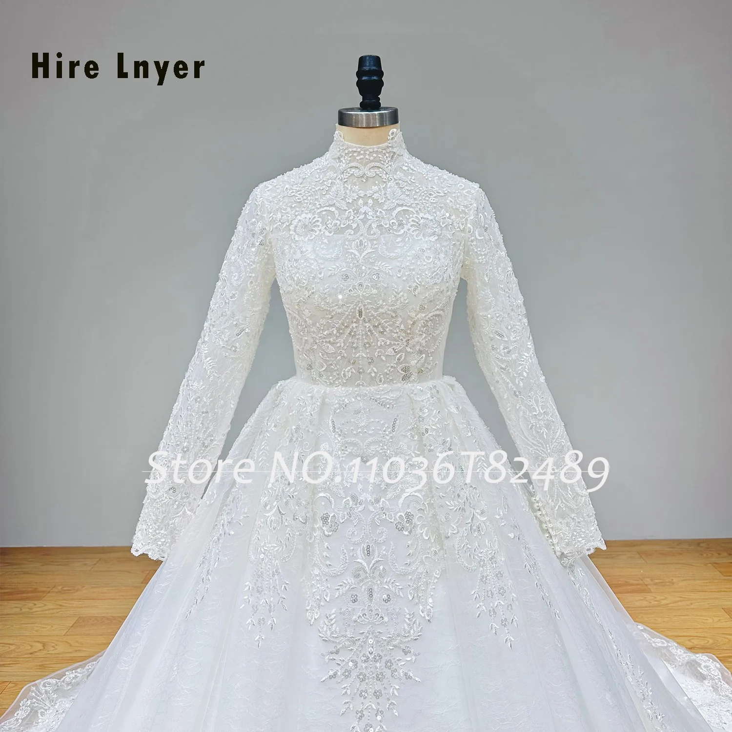 Hire Lnyer High Neck Long Sleeve Shiny Beads Pearls Sequins Princess A-Line Wedding Dresses Real Office Photos Video