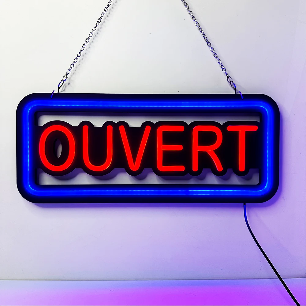 

Неоновые огни Ouvert, синий и красный светящийся французский бизнес-вывеска, подходящий для декора бара и открытых знаков магазина