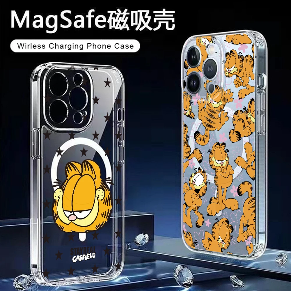 Магнитный чехол для телефона Magesafe с мультяшным котом Гарфилдом для iPhone 17 16 15 14 Plus 13 12 11 Pro Max X Xs XR 8 SE, прозрачный