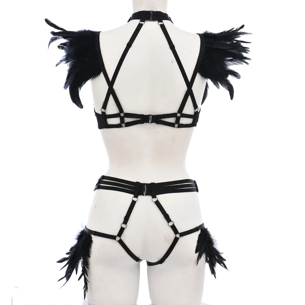 Goth Feather Decorated Body Harness Cage Exotic Sets Women Sexy Lingerie Set Panty Fancy Luxury Kit Punk Halloween Harness Bra