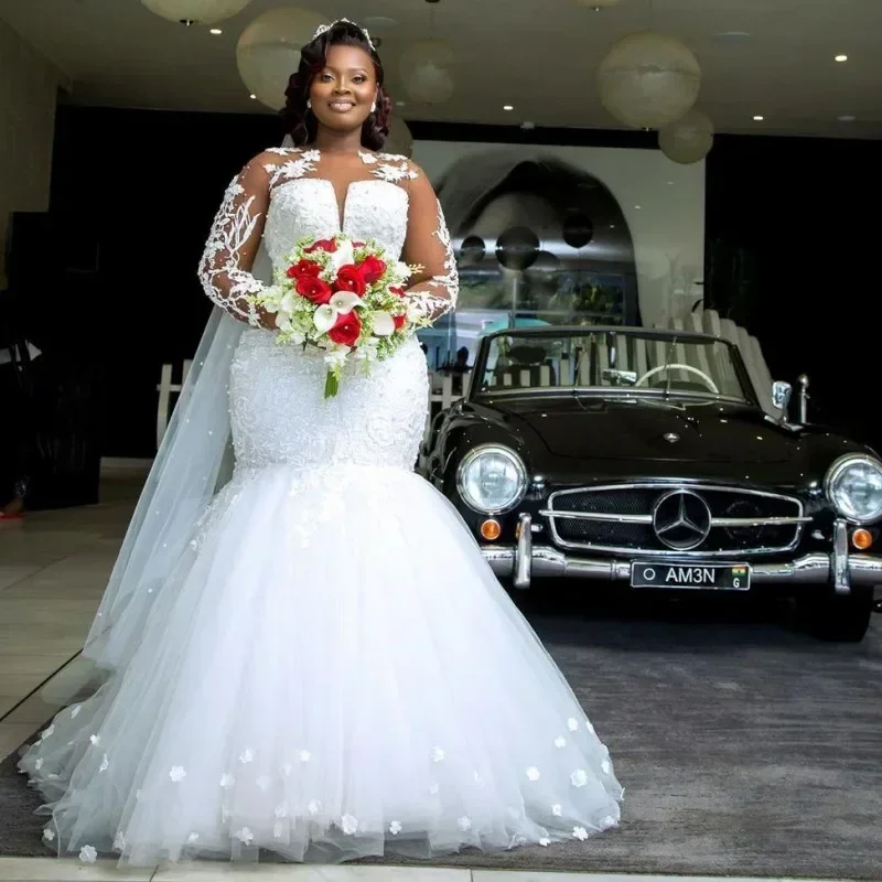 Vestidos importantes personalizados, cuello transparente, perlas, ilusión, mangas completas, vestidos de boda de sirena, novia negra para niñas