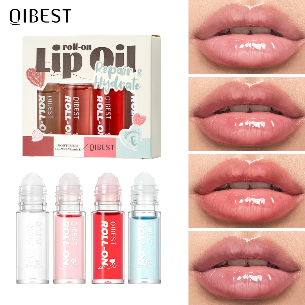 QIBEST Rolling Bead Lip Oil Sets Moisturizing Lotion Hydrating Roller Ball Lip Balm Anti-Drying Colorless Transparent Lipgloss