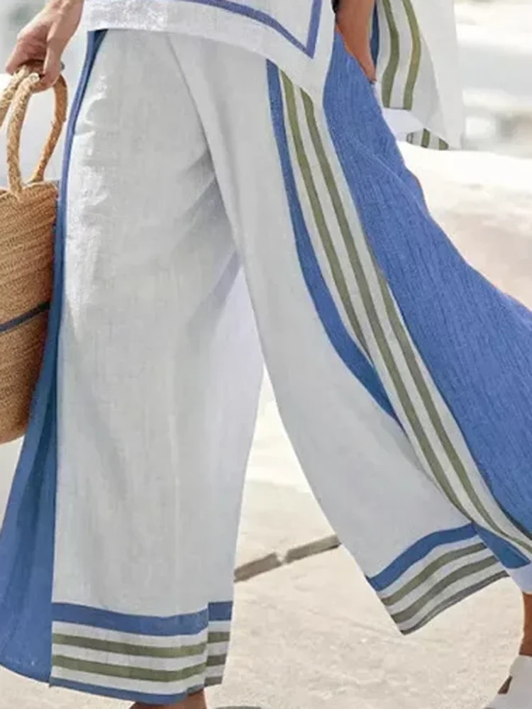 

New 2025 Ladies' Stripe Color Block Long Pants Set Polyester Fiber Skirt Ensemble Women's Fashion Casual Outfit from China