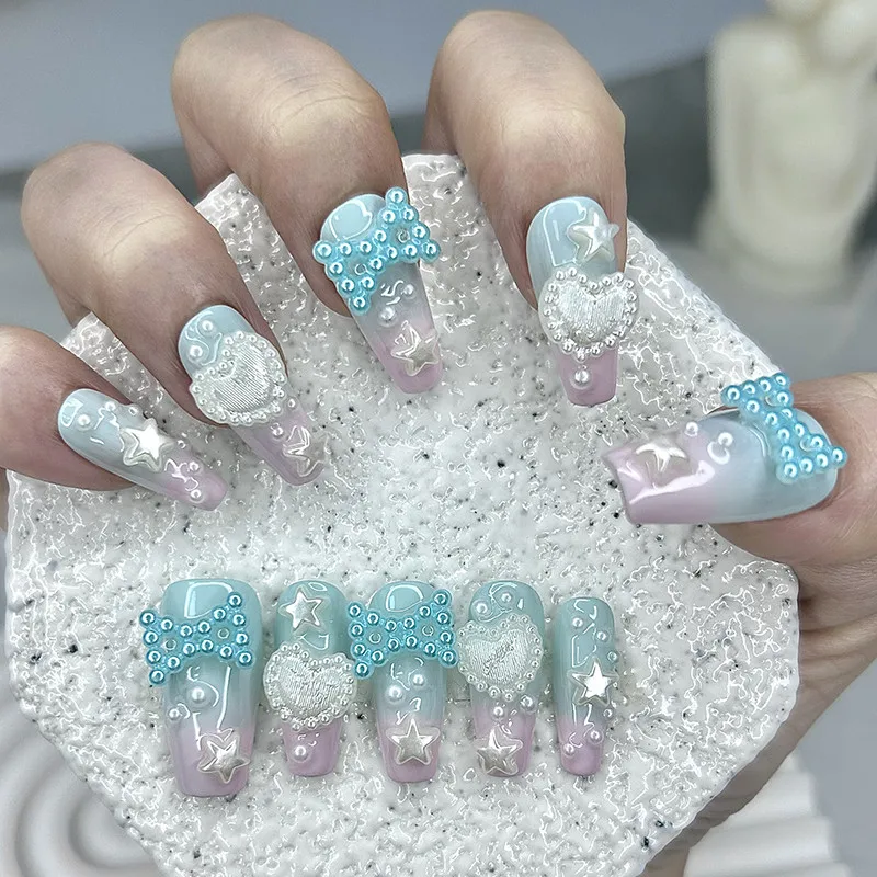 

10 шт., милые 3D-бабочки, сердце, жемчуг, ручная работа, пресс для ногтей Y2K, милые розовые, синие, градиентные накладные ногти, съемные, многоразовые