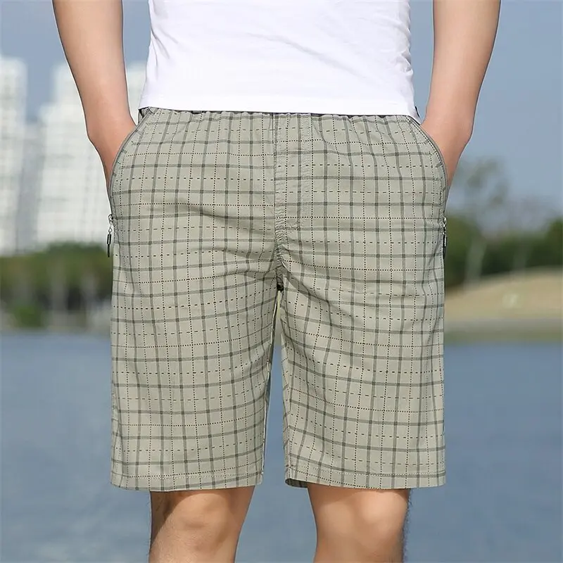 Stylish Plaid Printed Knee Pants Men\'s Clothing Basic Loose Beach Summer Zipper Pockets Summer Mid Waist Elastic Casual Shorts