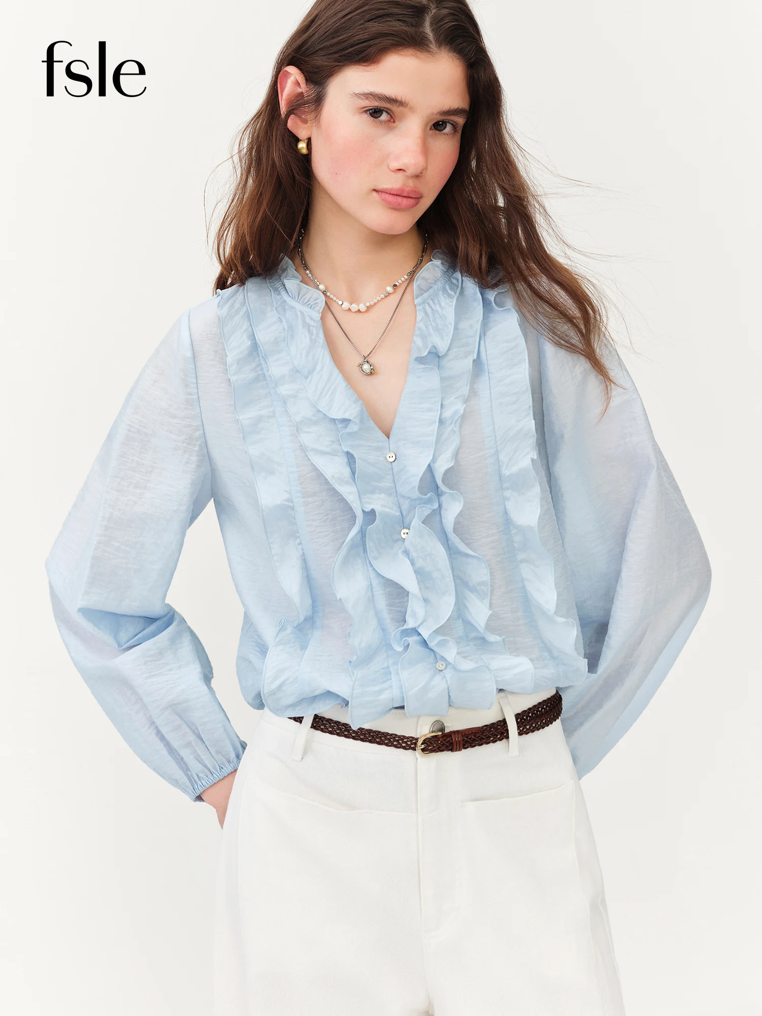 FSLE 2026 Summer New Women's French Style V-Neck Ruffle Blouse Lightweight Sheer Hem Top for Coquette Vacation Chic Daily Style