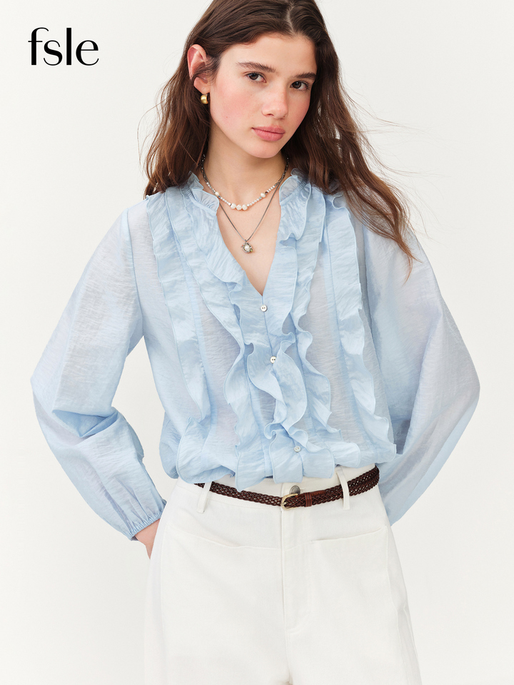  FSLE 2026 Summer New Women's French Style V-Neck Ruffle Blouse Lightweight Sheer Hem Top for Coquette Vacation Chic Daily Style 