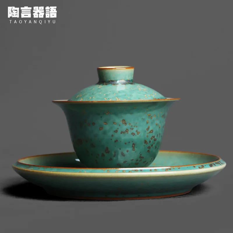 

Yuzhou Jun Kiln Spearmint Gaiwan Raw Ore Oil Drops Tianmu Crystal Gold Stripe Texture Kung Fu Wide Mouth Tea Brewing Bowl