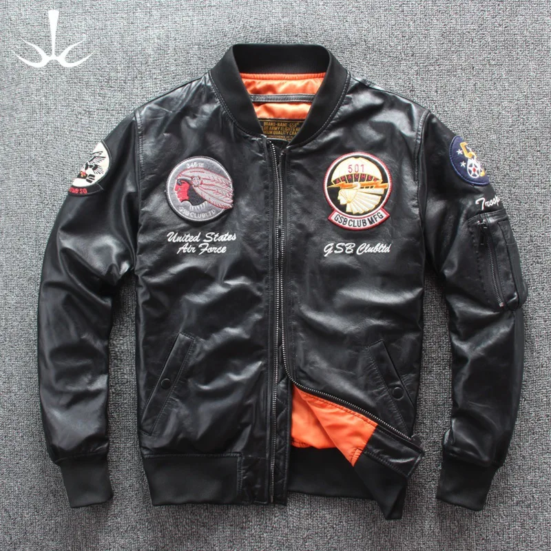 Leather Coat Men's Sheepskin Indian Embroidery Slim Fit MA-1 Flight Suit Baseball Jacket