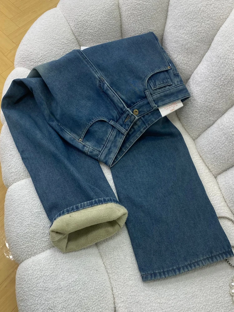 新しい秋冬厚手のデニムパンツ女性のための韓国スタイルのファッションハイウエストストレートジーンズシックなルーズ暖かいズボン