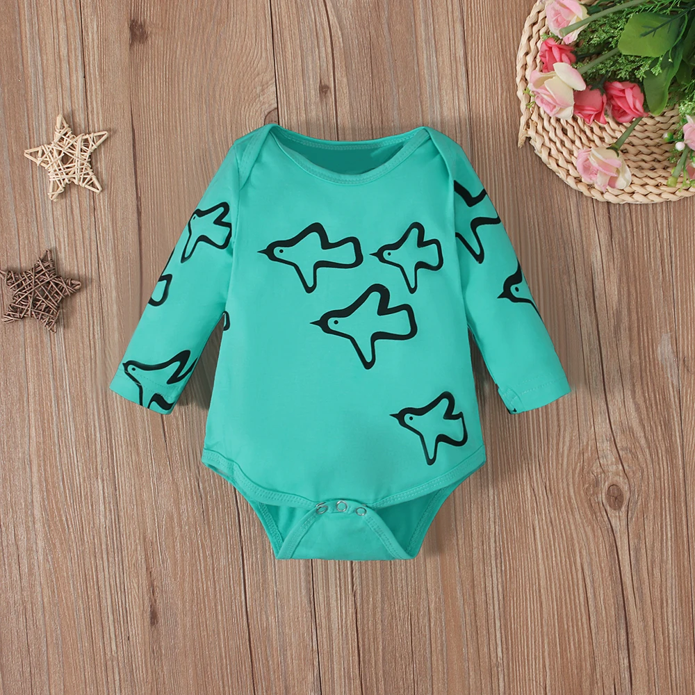 Boys European and American foreign trade spring and autumn bird pattern long-sleeved jumpsuit baby crawling clothes children'