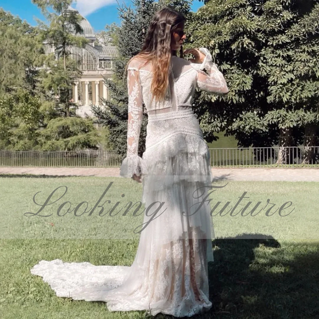 Morden pizzo soffio manica lunga bottoni o collo abiti lunghi da sposa Boho pieghe a strati ricamo abiti da sposa manica intera personalizzata