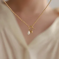 Titanium Natural Freshwater Pearl Ball Pendant OT Chian Necklace Women Jewelry Punk Designer Runway Rare Gown Boho Japan Korean