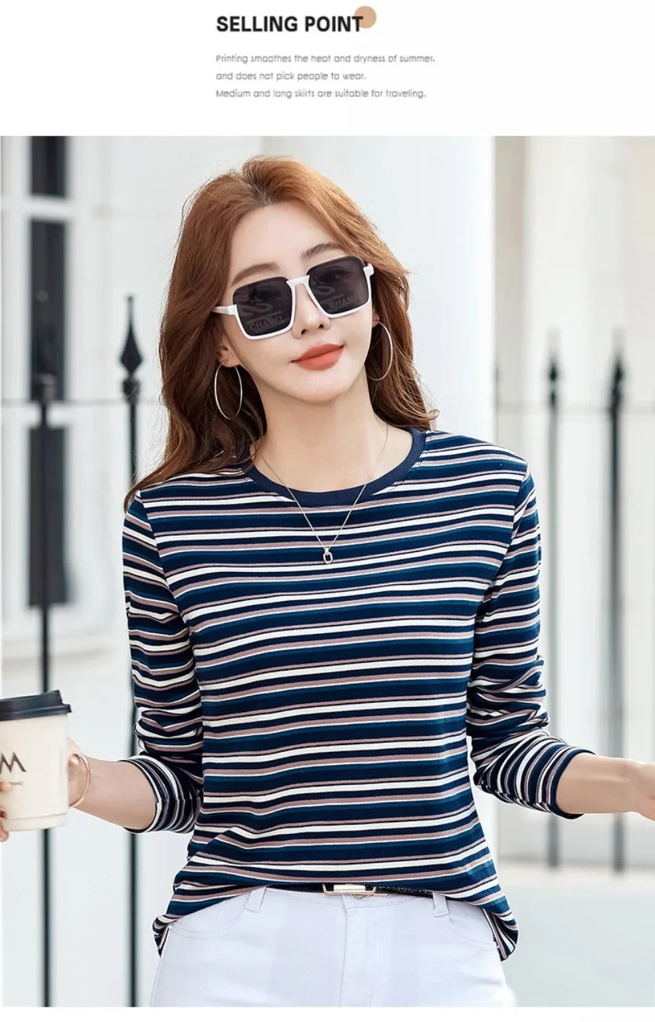 2024 neue Damen bekleidung Rundhals ausschnitt gestreiftes Unterhemd Frühling und Herbst Langarm Tops T-Shirt lose Innen lässig Top – Detail 7