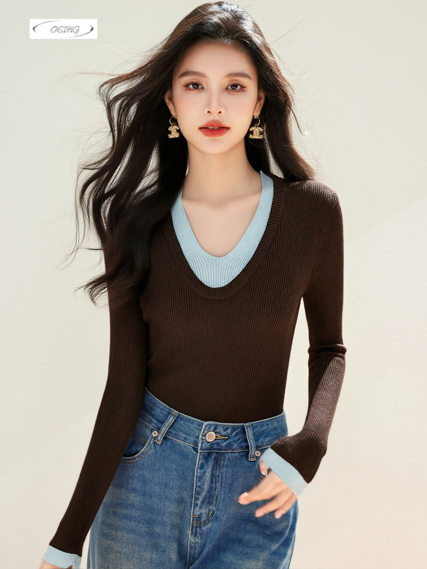 

Fashion Spliced U-neck Long Sleeve Basic Brown Knitted Pullover Sweater for Women Elegant Slim Korean Style Tops Knitwear 9706