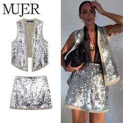 MUJER 2025 Sequin Open Vests for Women Glitter Sleeveless Vest Woman Summer Waistcoat Vest Top Women Fashion Luxury Lady Vests