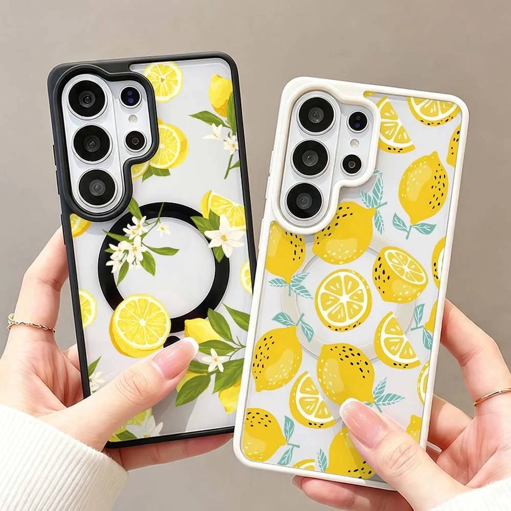 Design Lemon Leaf Pattern Phone Case For Samsung Galaxy S26 S25 S24 S23 FE Plus Ultra Wireless Charge Magnetic Magsafe Cover