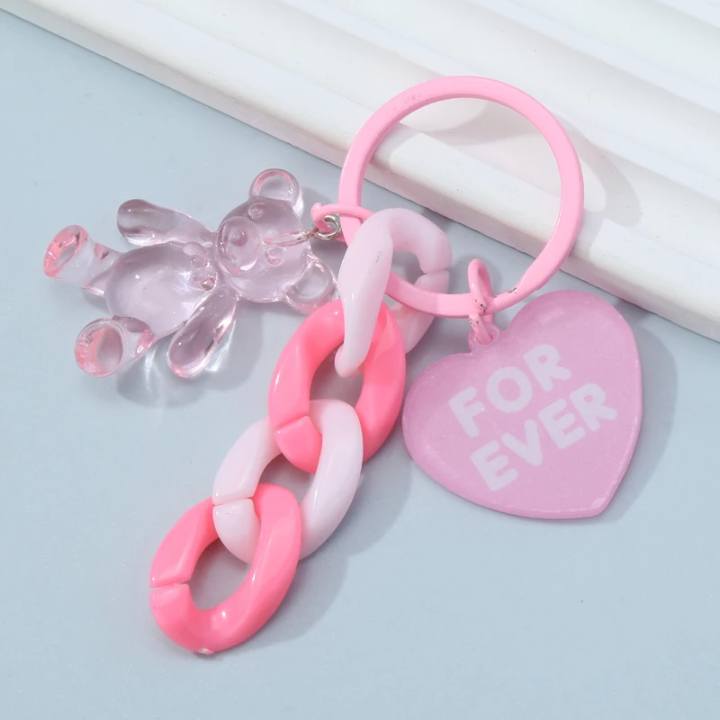 Cartoon Heart Keychain Pink Resin Bear Key Ring Animal  Love Gifts For Women Men Handbag  Accessorie DIY Jewelry