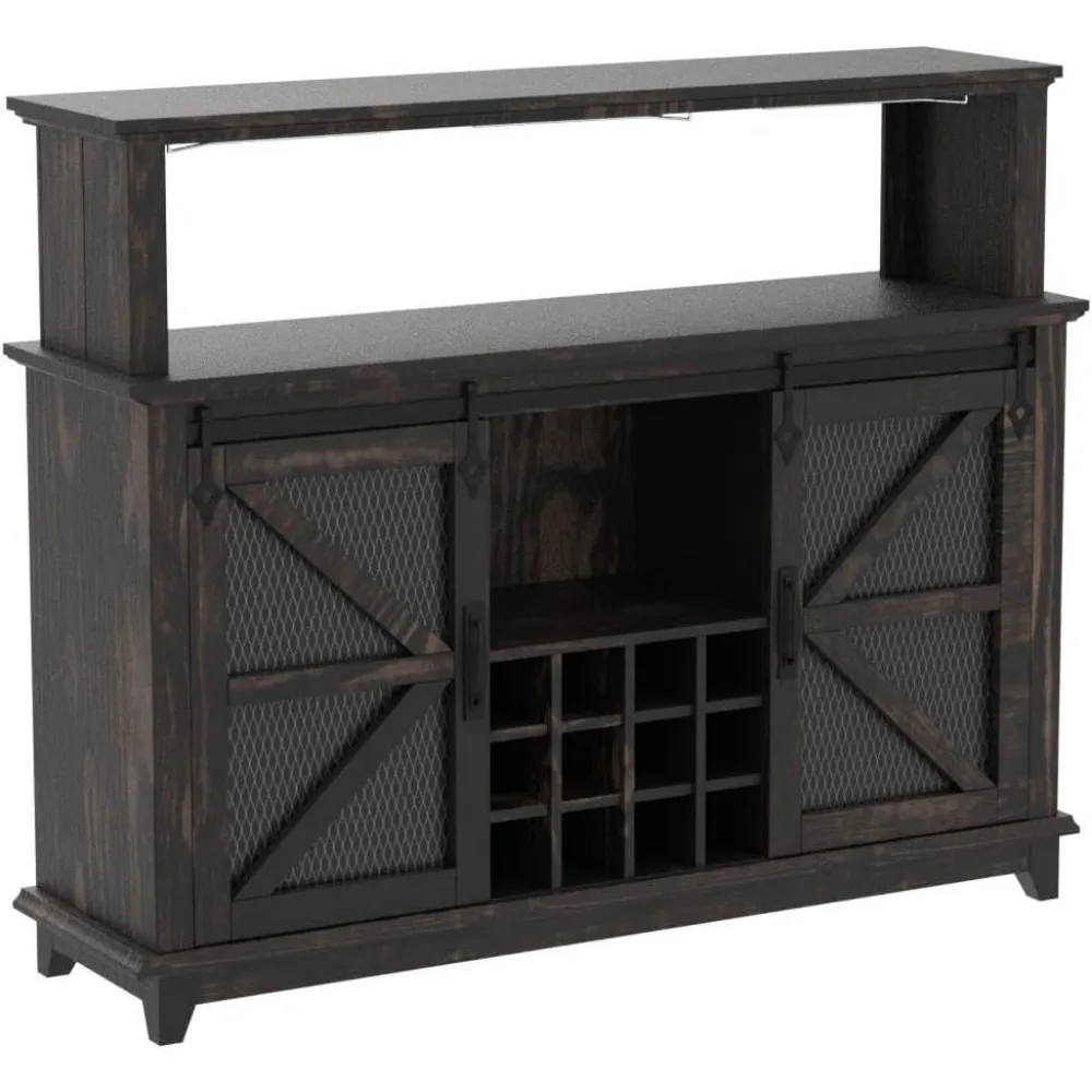 OKD Farmhouse Coffee Bar Cabinet with LED Lights, 55" Sideboard Buffet Table w/Sliding Barn Door & Wine and Glass Rack, Home