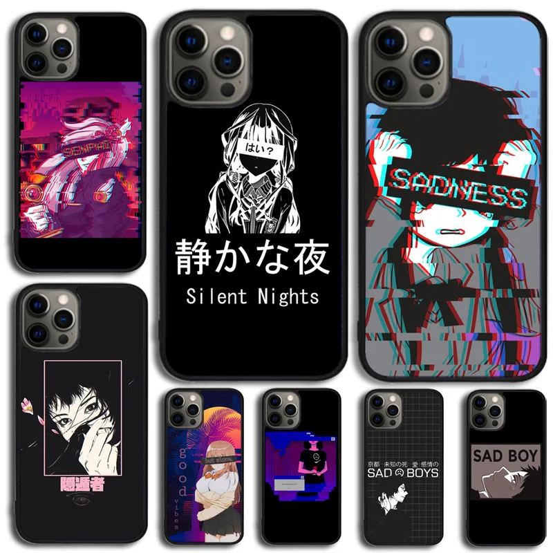 Vaporwave Aesthetic Sad Anime Phone Case For iPhone 14 15 16 13 12 Mini Max Cover For Apple 11 Pro Max 8 7 Plus SE2020 Coque