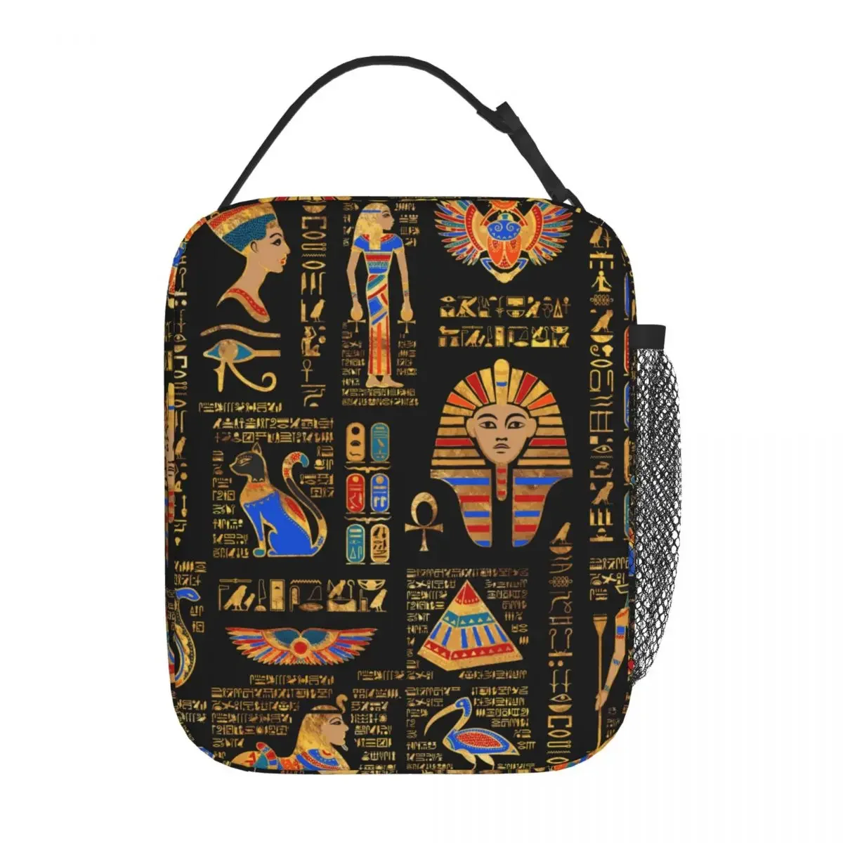 

Egyptian Hieroglyphs And Deities On Black Insulated Lunch Bag Thermal Bag Egypt High Capacity Tote Lunch Box Food Handbags