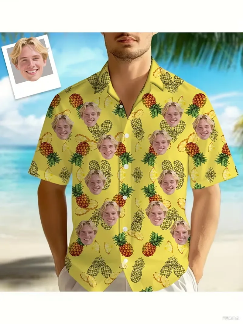 

Custom Photo Hawaiian Shirt DIY Dog Cat Face Holiday Tropical Pattern Beach Shirt For Men Women Birthday Bachelor Party Gift