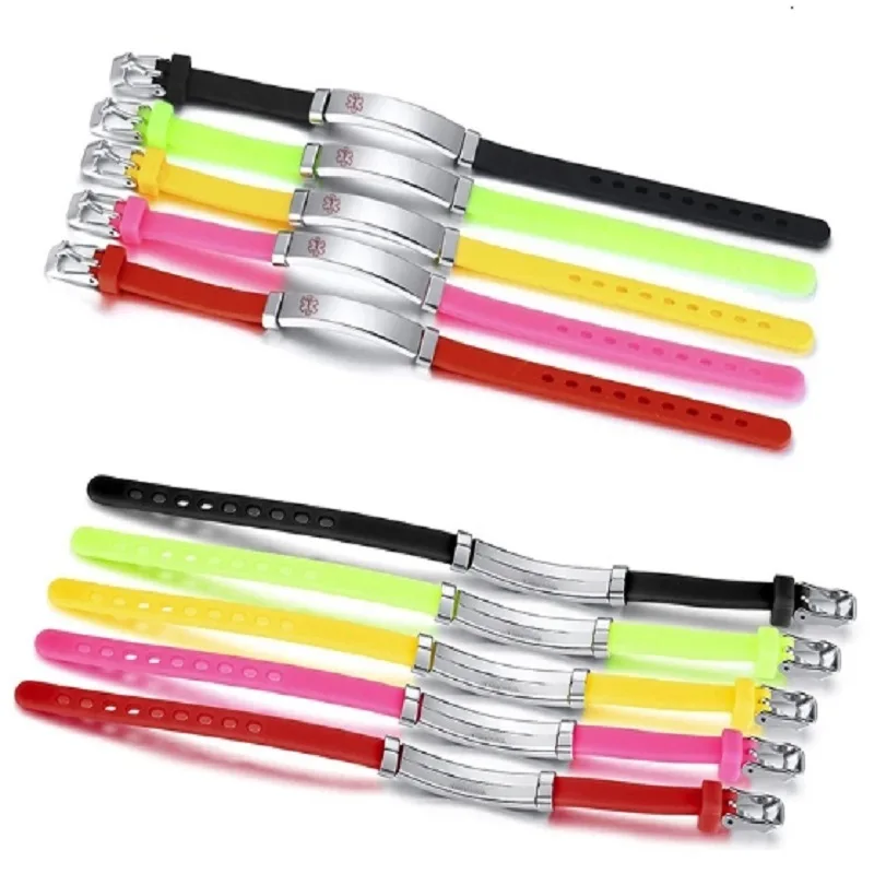 7 mm medizinische Ausweis-Armbänder für Kinder, Edelstahl, verstellbar, Silikon, Allergie, Notruf-Alarm-Armband, kostenlose Gravur – Detail 3