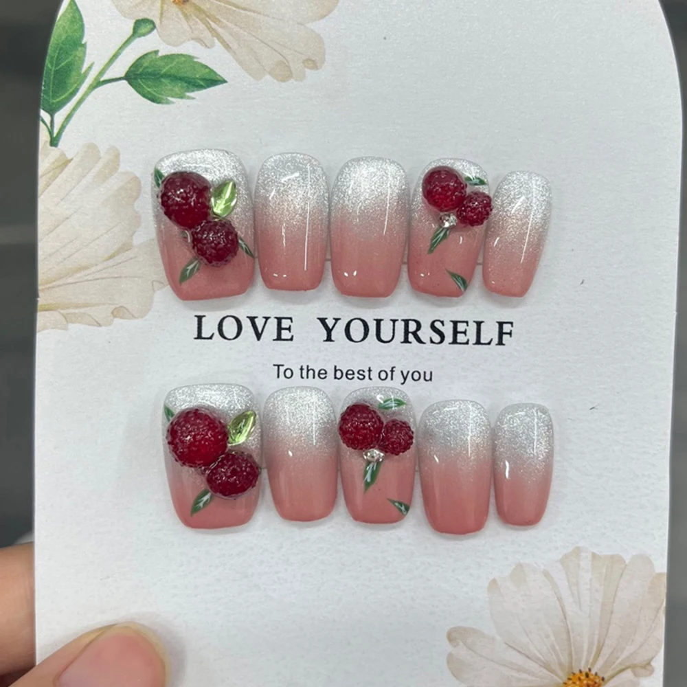 Handmade Romantic Flowers Butterfly Short Square Acrylic False Nails Golden Edge Cat Eyes Gradients Wearable Manicure Nail Tips