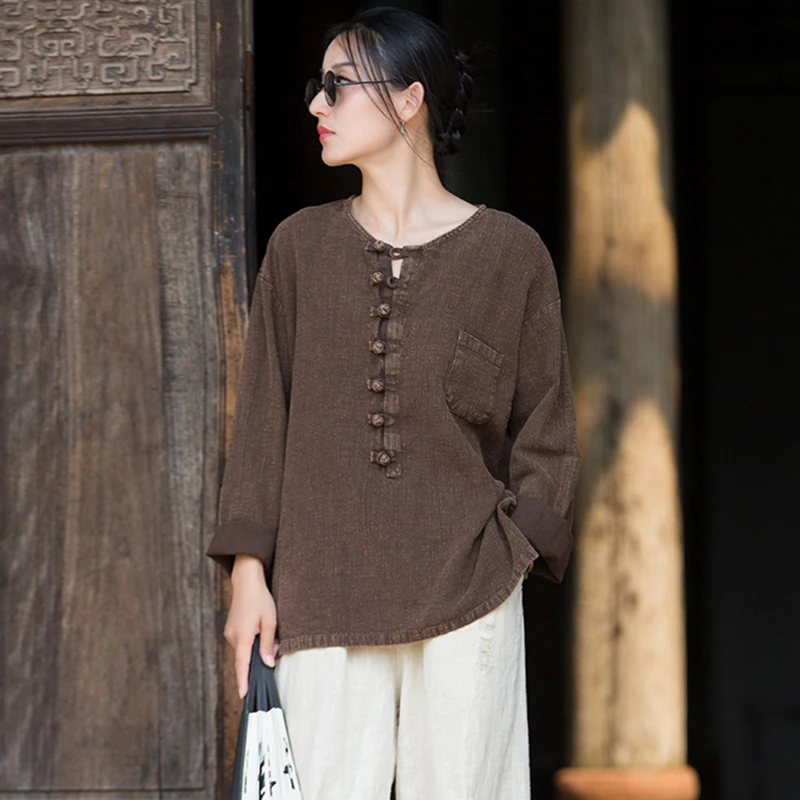 

Женские повседневные футболки из хлопка и льна, Новое поступление, осень 2022, винтажный стиль, с круглым вырезом, однотонные женские топы с длинными рукавами, футболки M1983