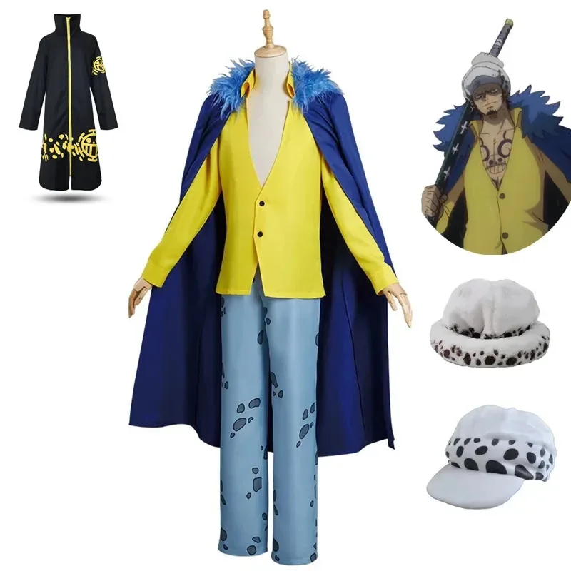 

72-й аниме Trafalgar D Water Law Косплей Костюм Накидка Пальто Брюки Шляпа Хэллоуин Карнавальный костюм Куртки Ветровка