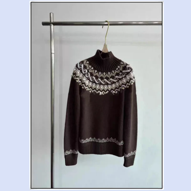 

2025 Autumn/Winter Heavy Industry Jacquard Nail Bead Wool High Collar Traditional Fel Island Sweater