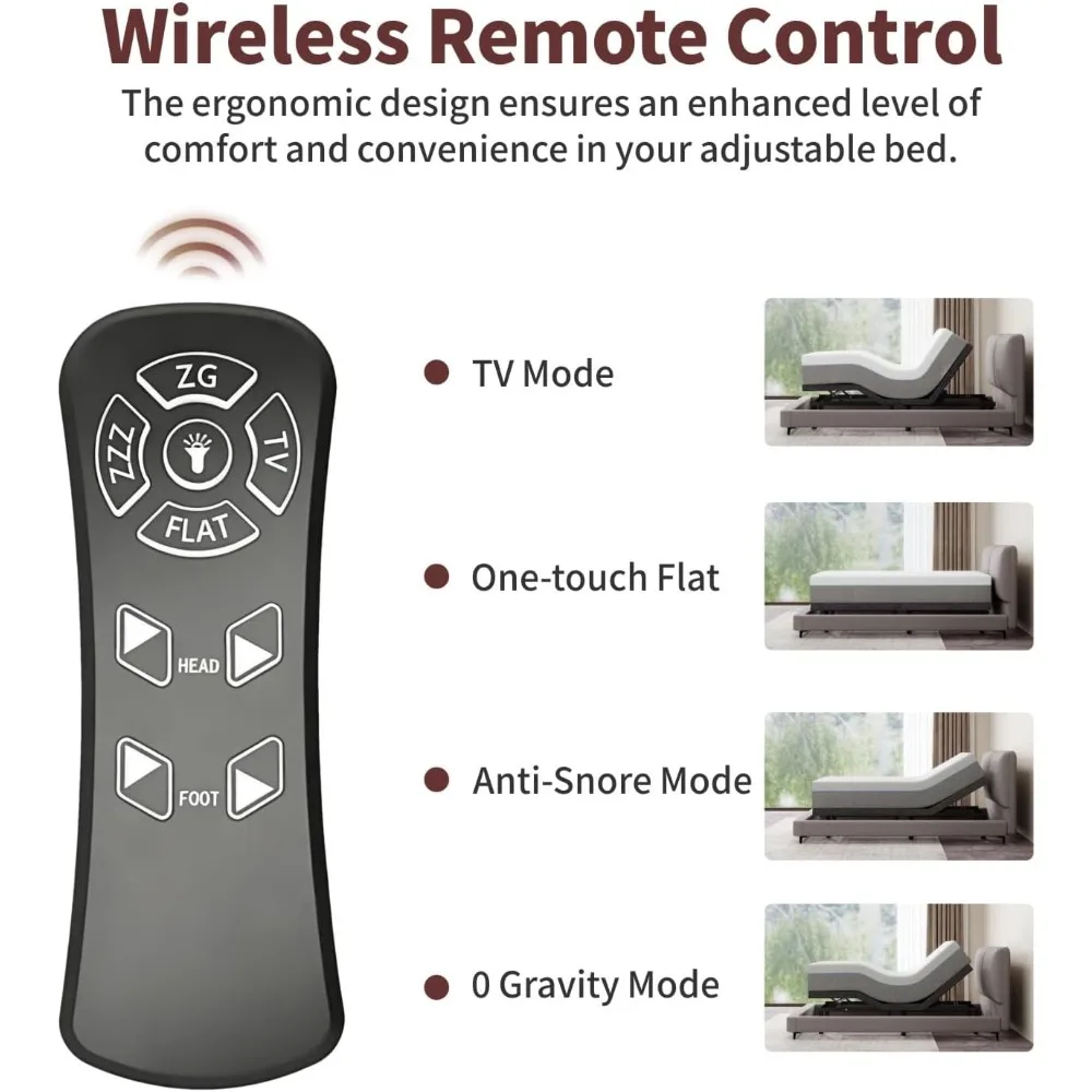 إطار سرير قابل للتعديل، أسرة قابلة للتعديل مع إطار سميك محدث، جهاز تحكم عن بعد لاسلكي، رفع منفصل للرأس/القدم، بدون جاذبية