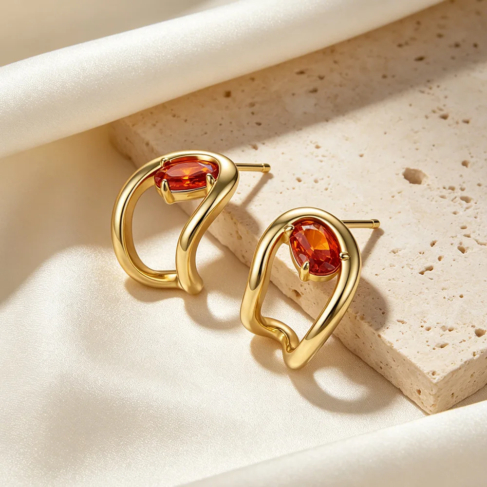 Gold Plated Copper Irregular Hoop Stud Earrings with Oval Orange Red Cubic Zirconia,  Minimalist Fashion Jewelry for Women