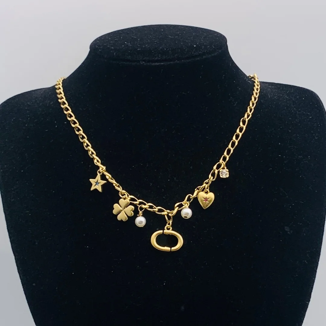 

New Arrival Multicolor Pearl Heart Star Flower Rhinestone Geometric Layered Metal Chain Necklace Trendy Jewelry