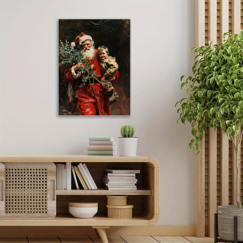 Vintage Norman Rockwell-Inspired Santa Claus & Young Boy Canvas Art - Wooden Framed, Detailed Faces & Hands, Perfect for Living