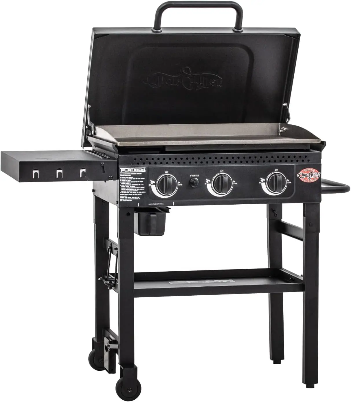 Flat Iron 3-Burner Propane Gas Flat-Top Griddle with Steel Griddle Top, Hinged Lid and Wind Guards, 520 Cooking Sq