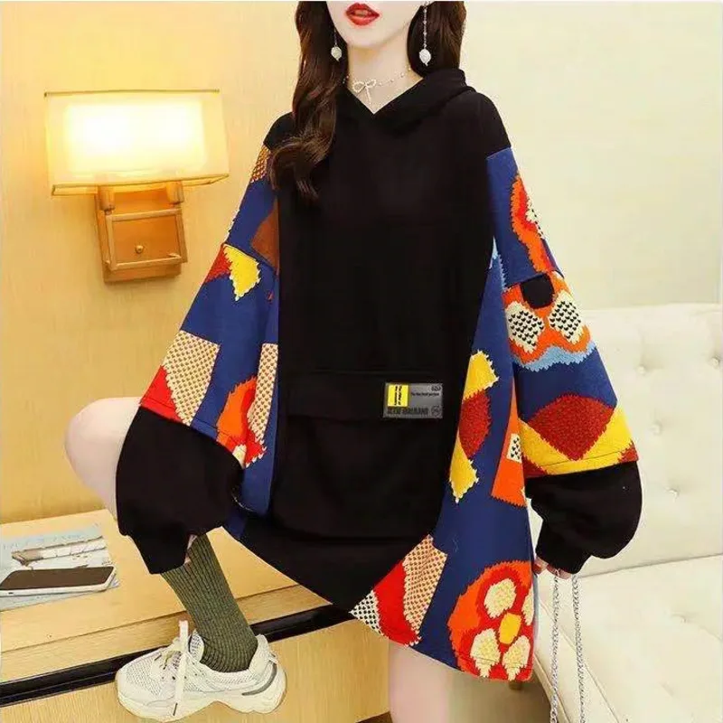 Spring Autumn Women\'s Sweatshirt Korean Loose Medium And Long Patchwork Print Hoodies Thin Long Sleeves Tops Female