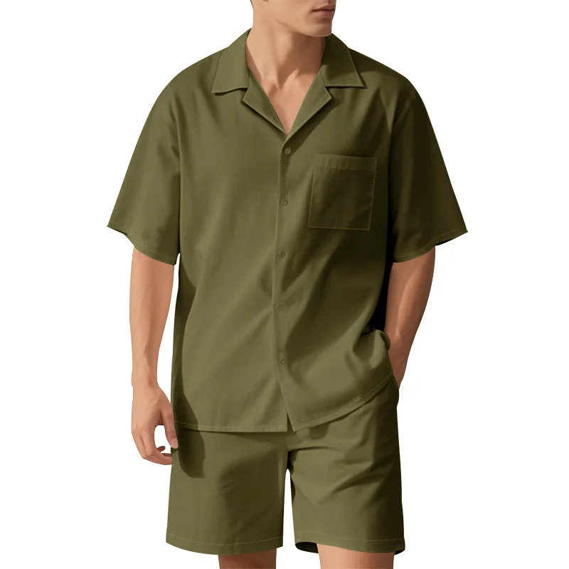 Conjunto de Dos Piezas de Camisa Holgada con Cuello Campero y Pantalones Cortos para Hombre, Estilo Americano, Verano, Playa, Lujo, Casual